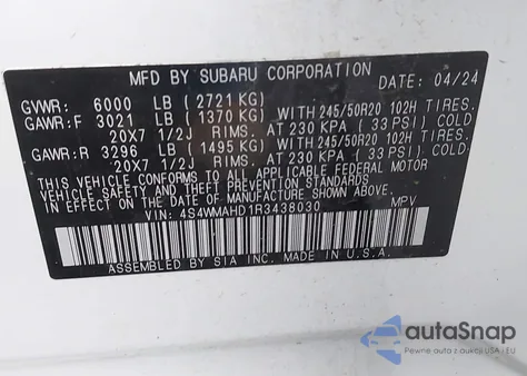 2024 Subaru Ascent Onyx Edition 7-Passenger z USA, uszkodzony, nr VIN 4S4WMAHD1R3438030